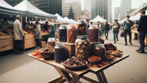 A colorful assortment of freeze-dried fruits and snacks displayed at a farmers' market in Calgary with people browsing in the background.