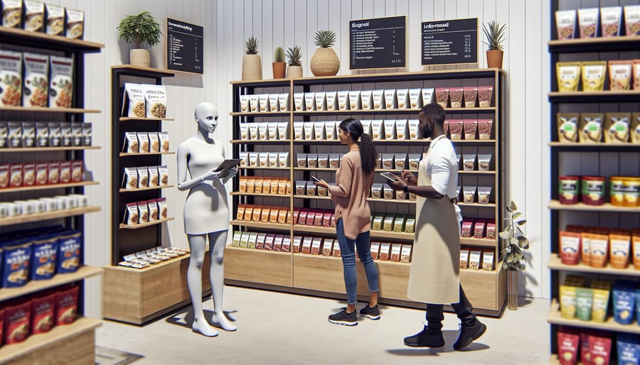 A shelf in a specialty health food store filled with various freeze-dried treats, with a staff member assisting a customer in the background.