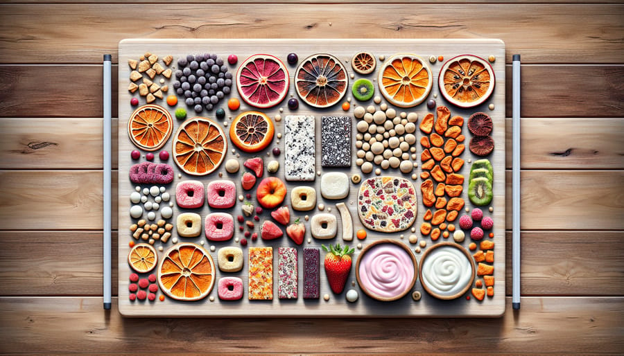 A close-up of an assortment of freeze-dried treats, including fruits, vegetables, and yogurt bites, displayed on a rustic wooden table.