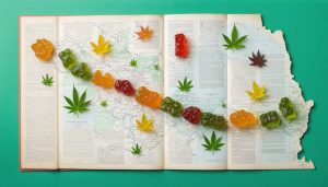 Illustrated map of Calgary with CBD gummies in various shapes and colors, connected by a path of legal documents, symbolizing the journey of understanding CBD regulations.