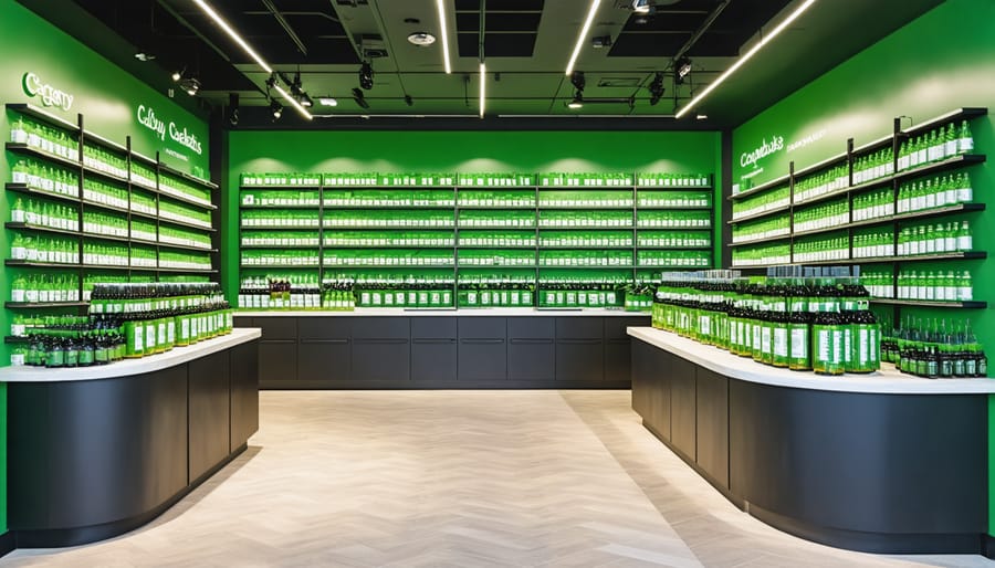 Professional cannabis retail store interior with CBD oil display and staff member