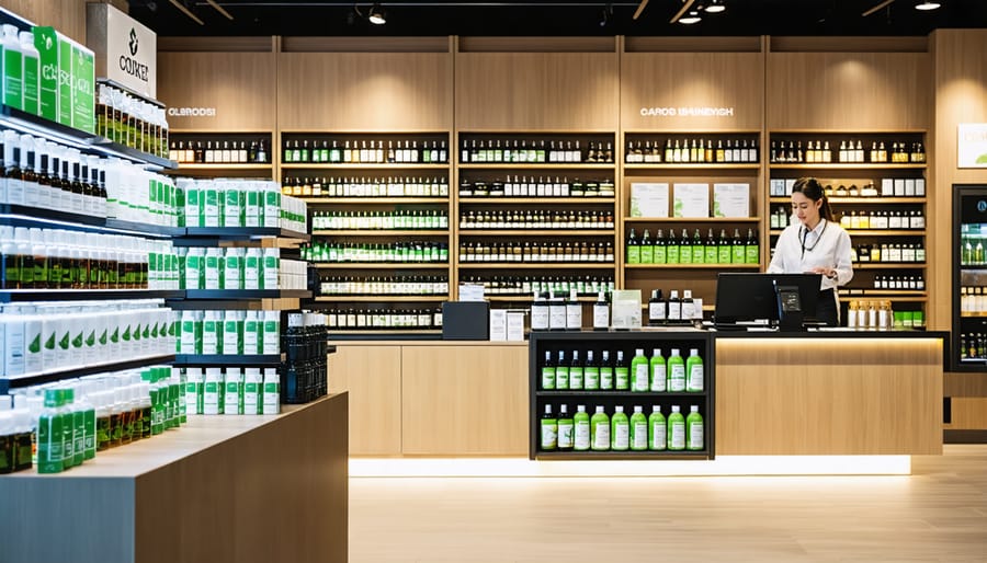 Interior of a licensed cannabis store in Calgary with a well-arranged display of CBD oil products, featuring a store associate ready to assist customers, emphasizing legal compliance and customer service.