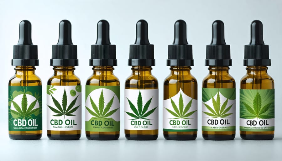 Various CBD oil bottles displaying Health Canada compliance labels and warnings